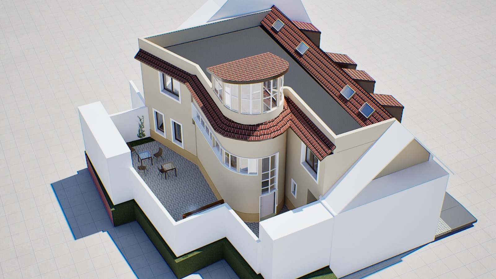 Color aerial rendering of the property courtyard and roof