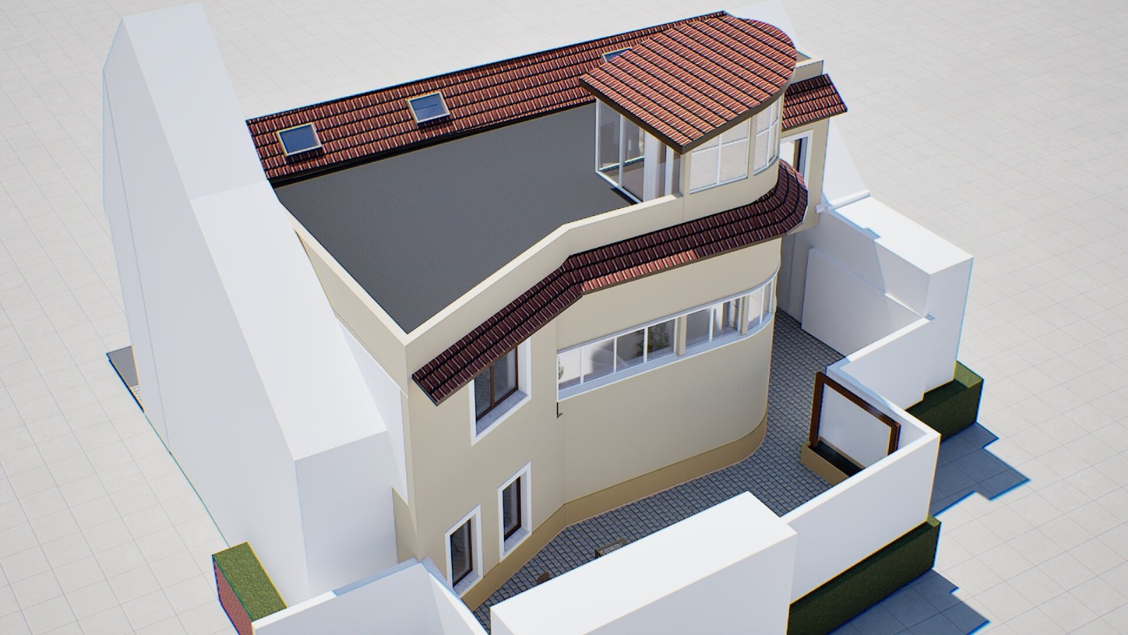 Color aerial rendering of the rear facade and courtyard