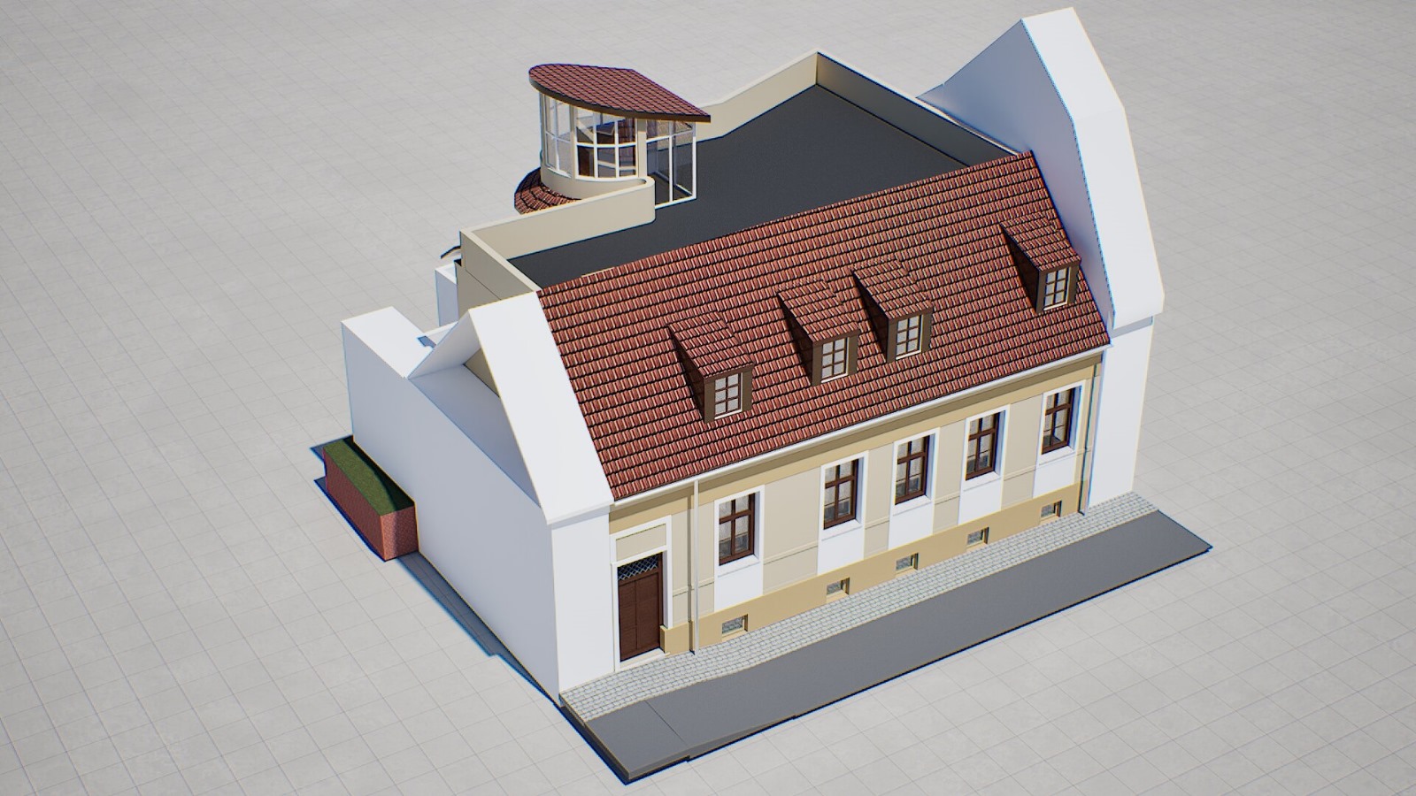 Color rendering of the street facade and rooftop volume