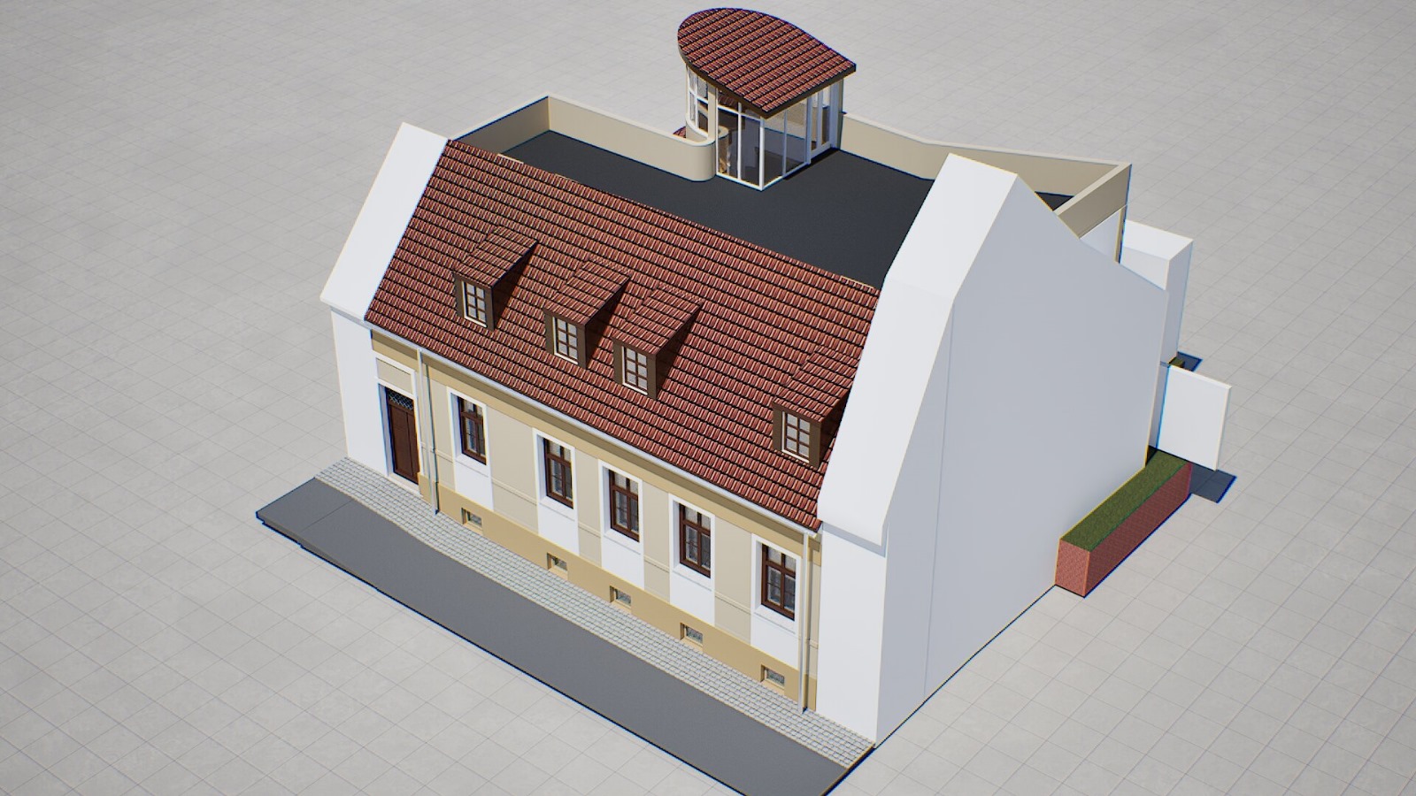 Color aerial rendering showing the roof and proposed terrace volume