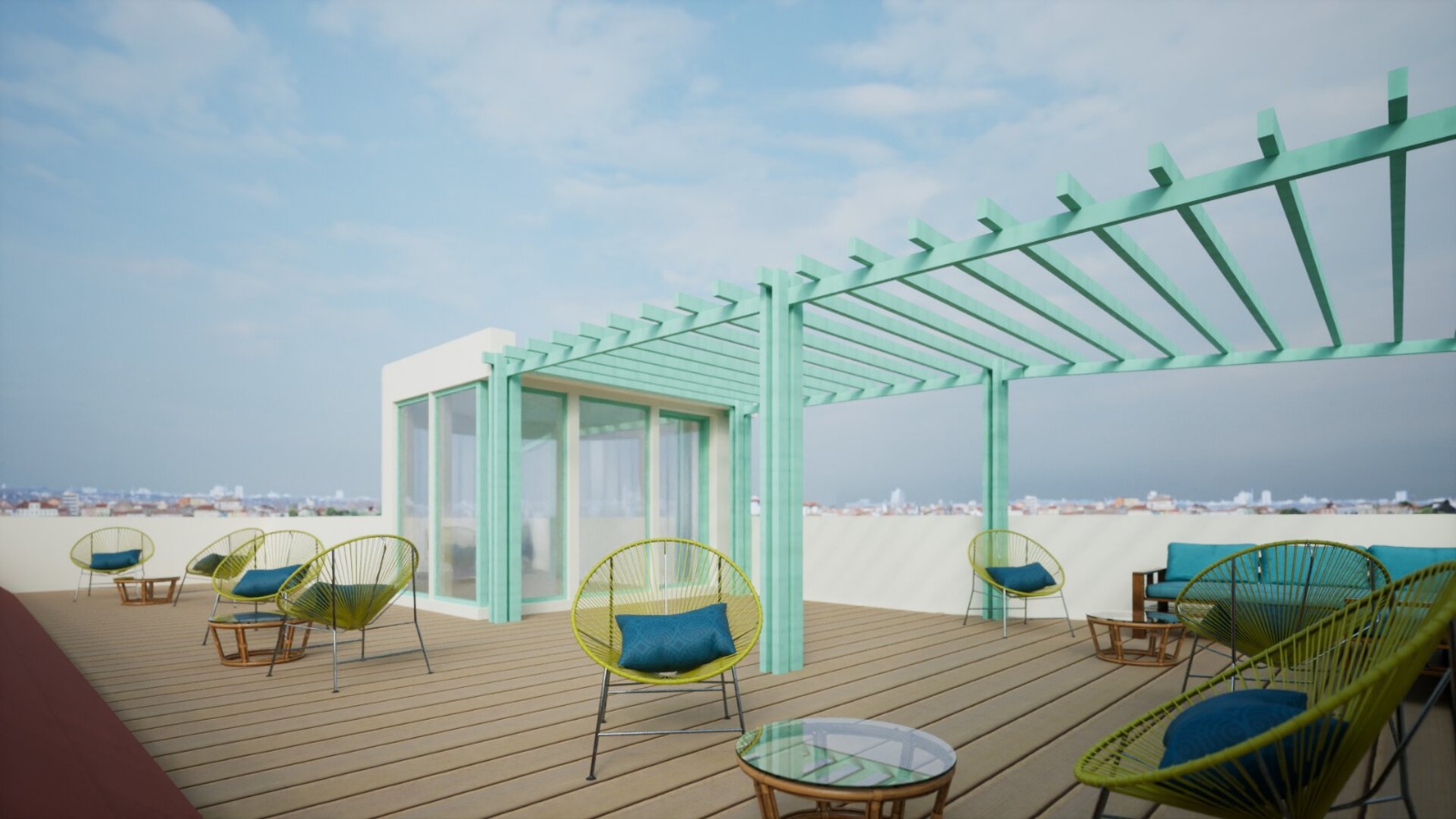 Color rendering of the proposed rooftop lounge and pergola