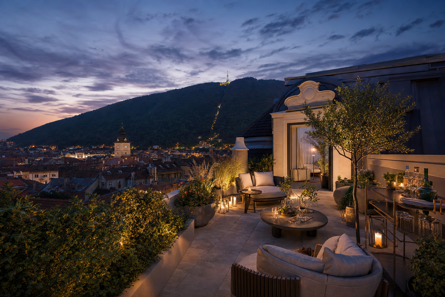 Color cinematic rooftop terrace render with Tampa mountain views in Brasov